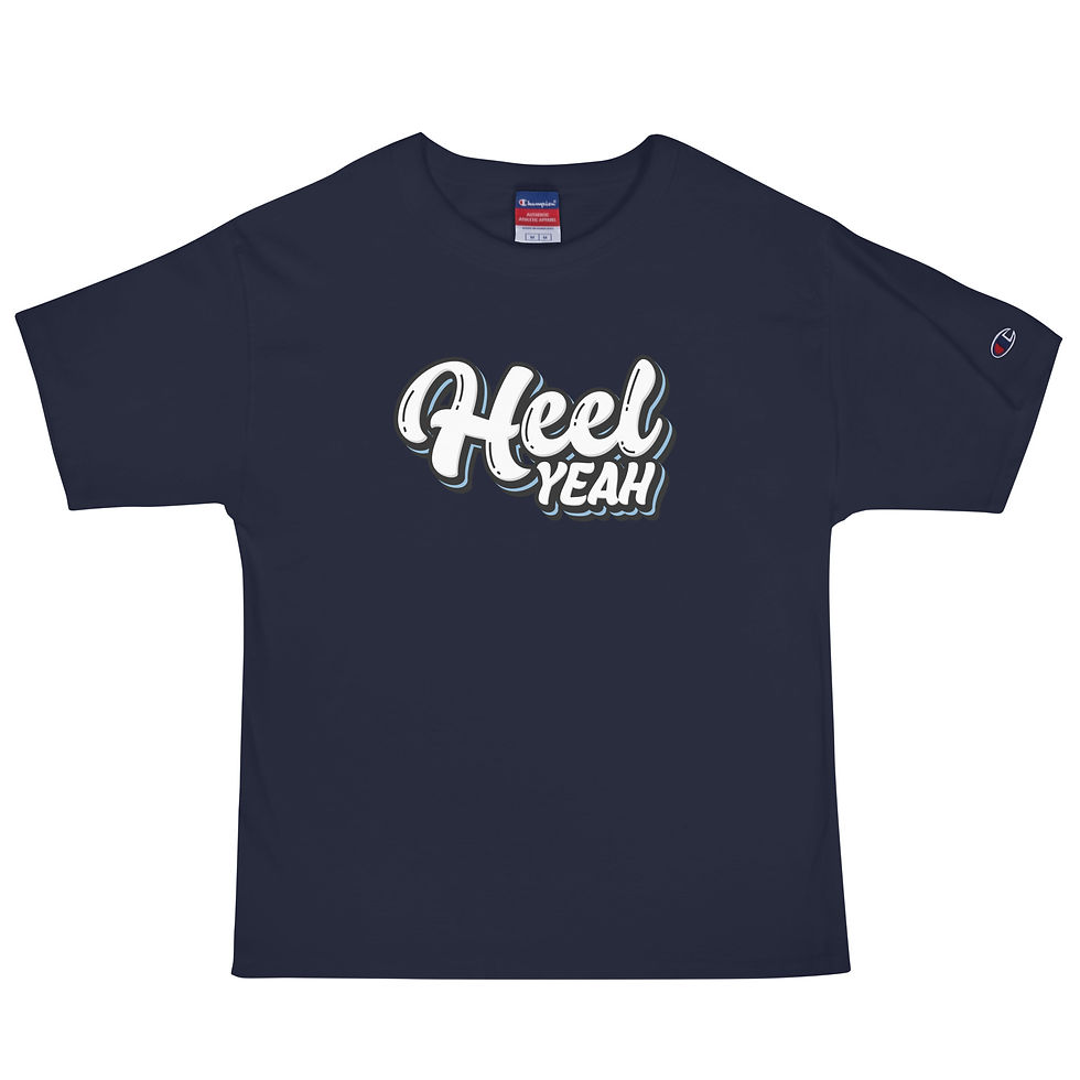 Thumbnail: Navy, Champion T-shirt, that showcases the North Carolina-inspired Heel Yeah design across the chest.  