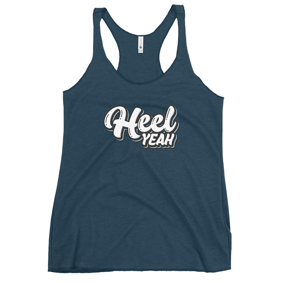 Thumbnail: Indigo-colored, North Carolina-inspired, Heel Yeah, Racerback Tank, showcasing the low-cut look.