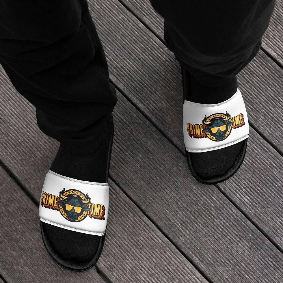 Black and white slides featuring a Prime Time Design that showcases a Colorado-inspired buffalo, flaunting sunglasses, and a chain.