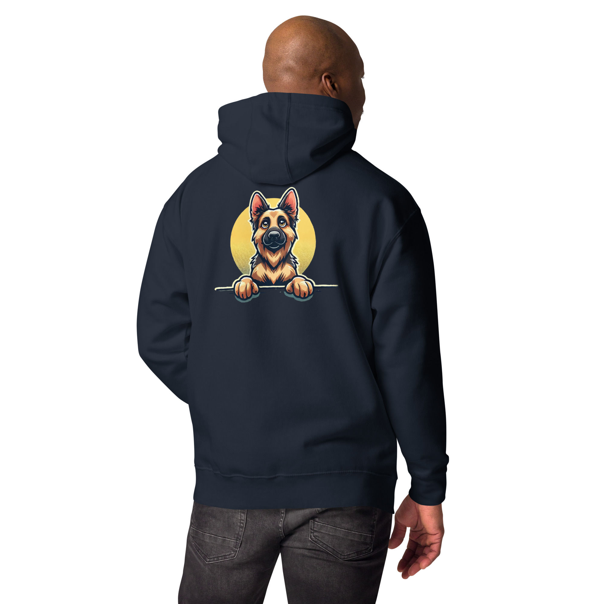 Back view of a man wearing a navy hoodie with a cartoon German Shepherd, paws resting on a surface, highlighted by a yellow circular background.