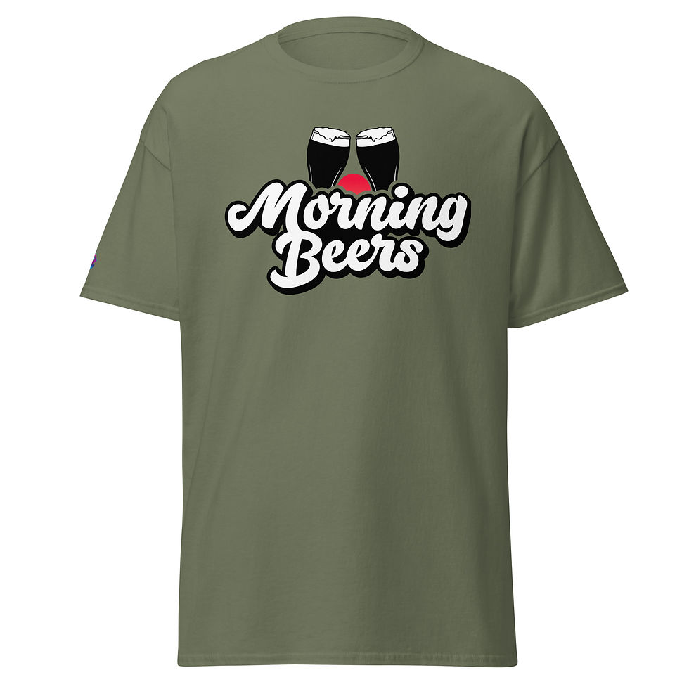 Thumbnail: Military green, classic t-shirt, embodying a Morning Beers typography design, that also showcases two beers clinking together over a rising sun.