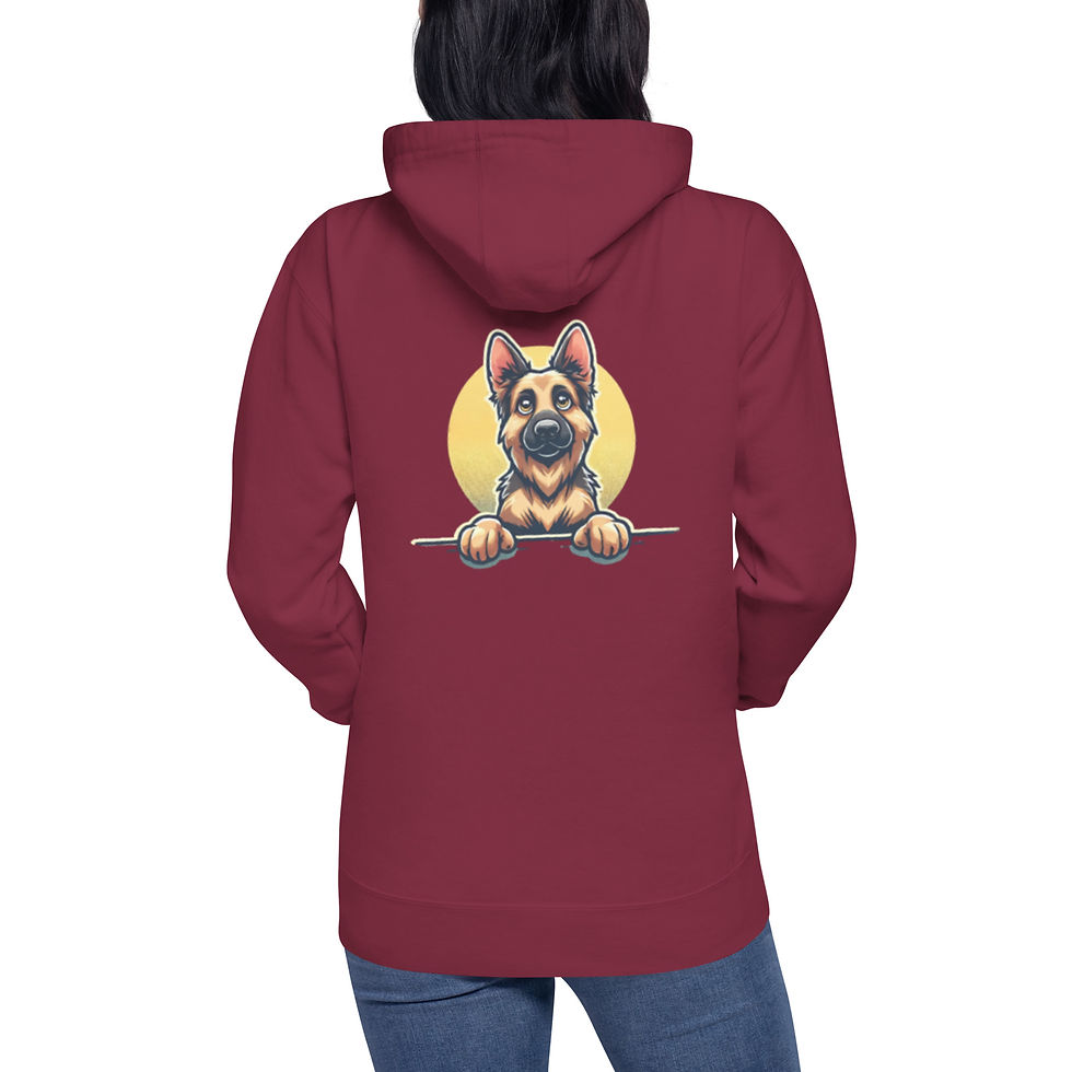 Back view of a maroon hoodie featuring a cartoon German Shepherd with its paws on a surface, framed by a yellow circle.