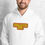 Thumbnail: Front view of a man wearing a trendy, white, hoodie, embodying an embroidered, yellow, and orange, 70's retro ‘Delete Me’ design, showing off the double-lined hood and removable drawstring cords.