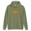 Thumbnail: Front view of a chic, military green, hoodie, embodying the 70's retro ‘Delete Me’ design, showing off the double-lined hood and removable drawstring cords.