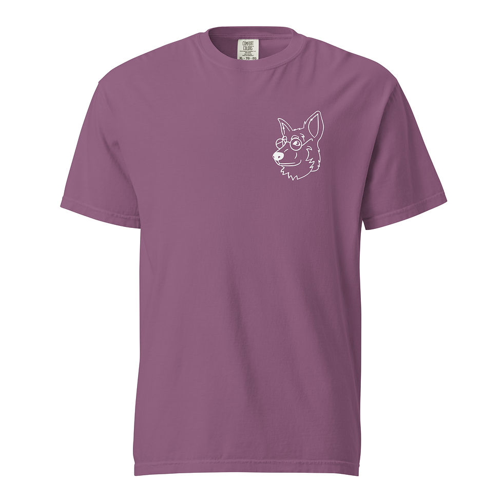 Front view of a purple heavyweight shirt featuring a minimalist white outline of a German Shepherd head with glasses on the left chest