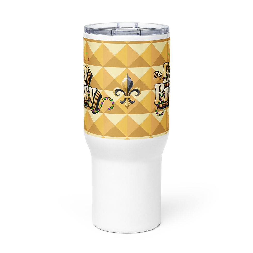 Thumbnail: Front view of the "Big Easy Breezy", 25oz, travel mug with a fleur-de-lis graphic and a yellow diamond-patterned design.