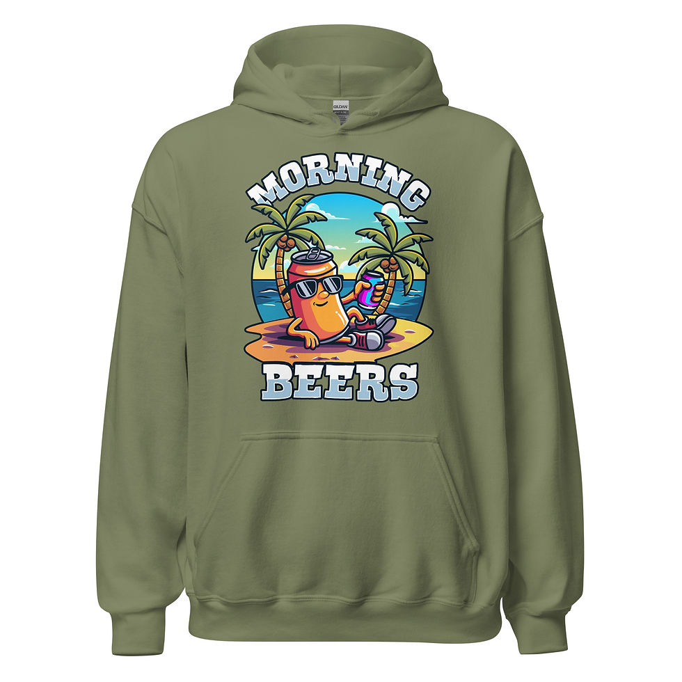 Thumbnail: Front view of stylish, military green, heavy blend hoodie, showing off the Morning Beers design that encompasses a beer can mascot holding another beer enjoying the beach between palm trees. 