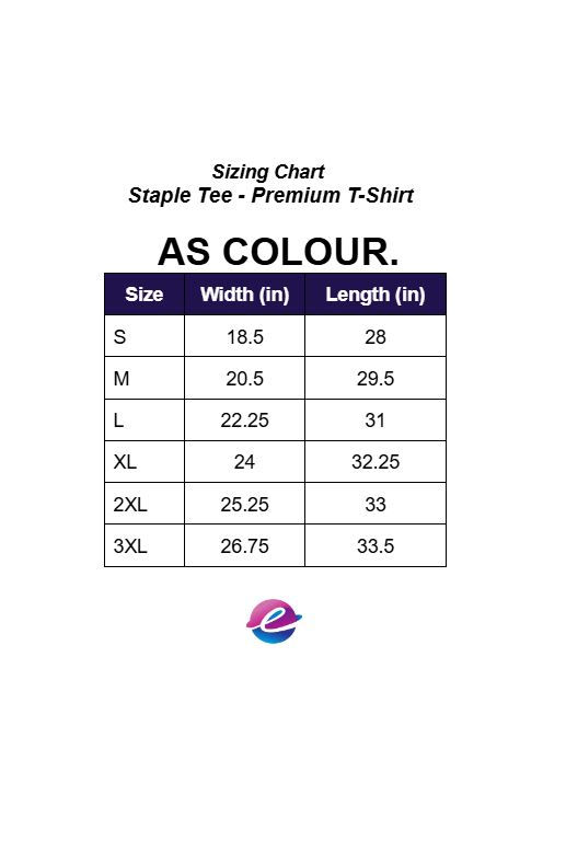 Thumbnail: Sizing chart for AS Colour staple tee, displaying width and length measurements in inches for sizes S to 3XL.