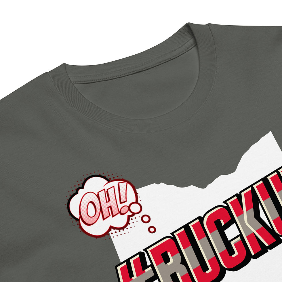 Thumbnail: Close-up of a dark gray t-shirt featuring the "#BUCKUP" design in bold red and gray text with a white Ohio outline and a playful "OH!" speech bubble detail.
