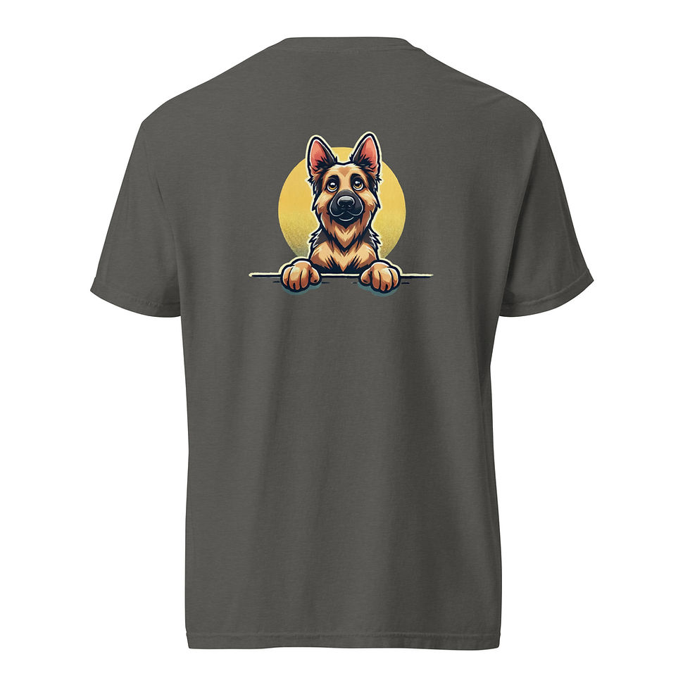 Thumbnail: Back view of a pepper gray heavyweight shirt featuring a cartoon German Shepherd with its paws on a surface, framed by a yellow circular background.