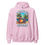 Thumbnail: Front view of stylish, light pink, heavy blend hoodie, showing off the Morning Beers design that encompasses a beer can mascot holding another beer enjoying the beach between palm trees. 
