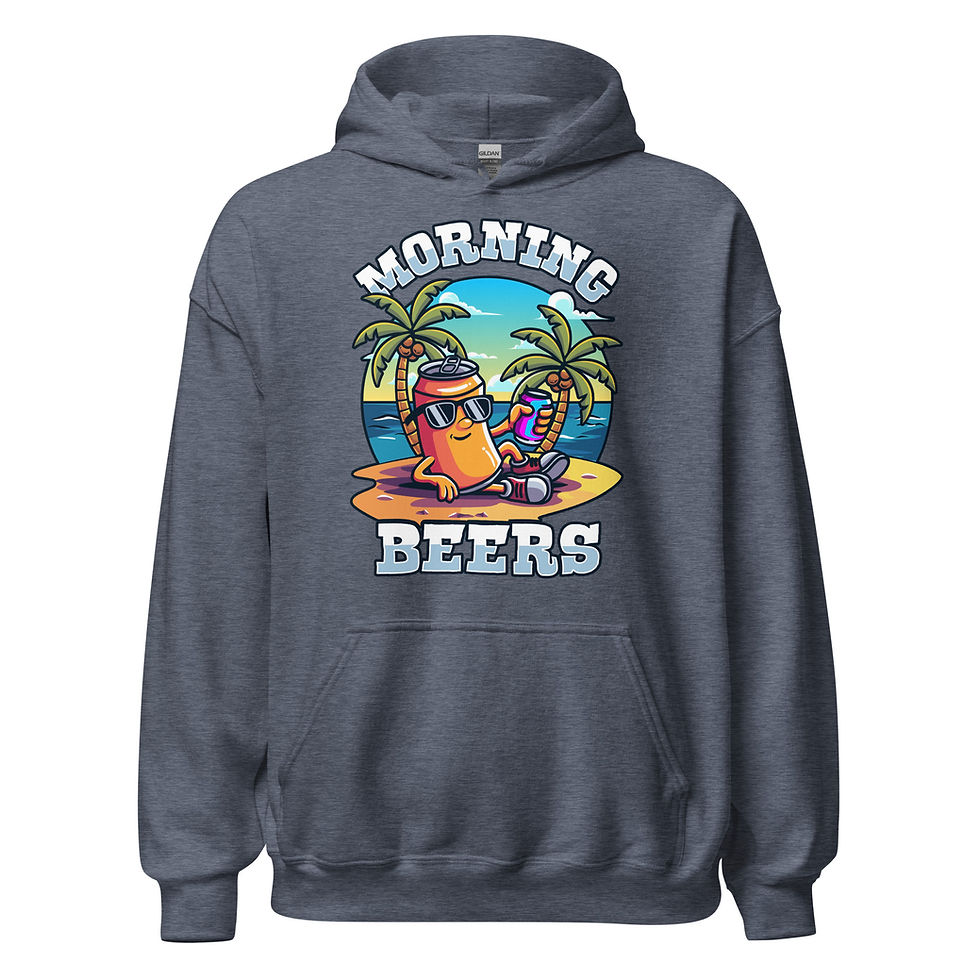 Thumbnail: Front view of stylish, heather dark navy, heavy blend hoodie, showing off the Morning Beers design that encompasses a beer can mascot holding another beer enjoying the beach between palm trees. 