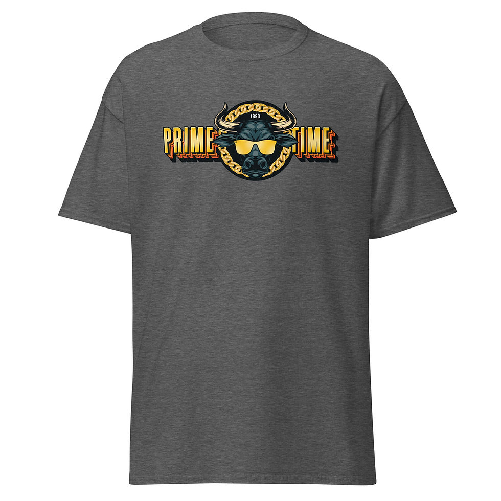 Thumbnail: Front view of a dark heather t-shirt with the "Prime Time" graphic of a Colorado-inspired Buffalo wearing sunglasses and repping a chain.