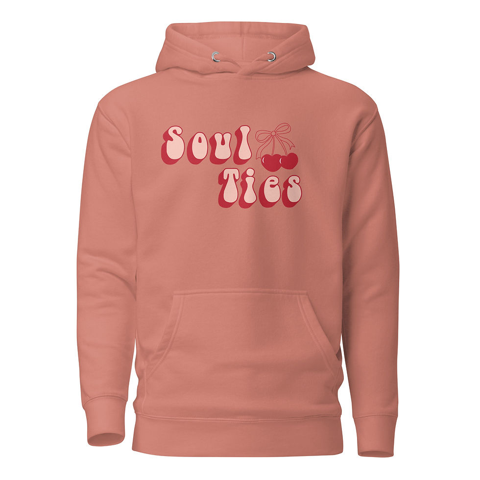 Thumbnail: Dusty rose-colored hoodie featuring the retro-inspired 'Soul Ties' design with bold lettering and a cherry graphic on the chest.