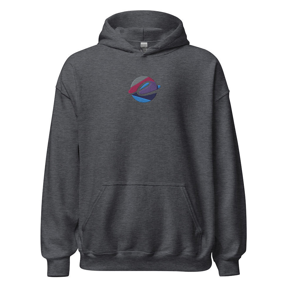 Thumbnail: Front view of a dark heather gray, heavy blend hoodie featuring an embroidered Elemental Essentials logo in pink, blue, red and gray on the chest.