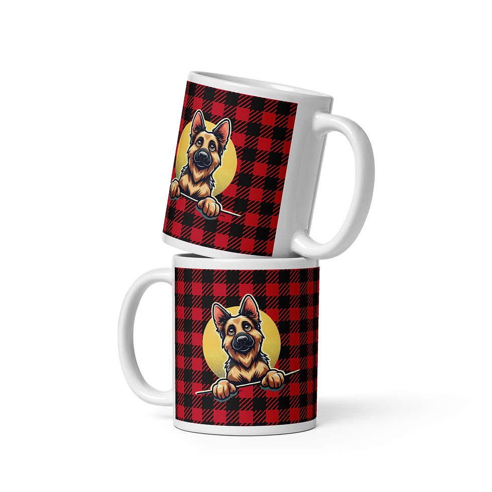 Thumbnail: Two 11oz glossy white mugs featuring a cartoon German Shepherd with its paws on a surface, framed by a yellow circle and set against a red and black buffalo plaid pattern.