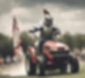 A knight in shining armor on a riding lawn mower