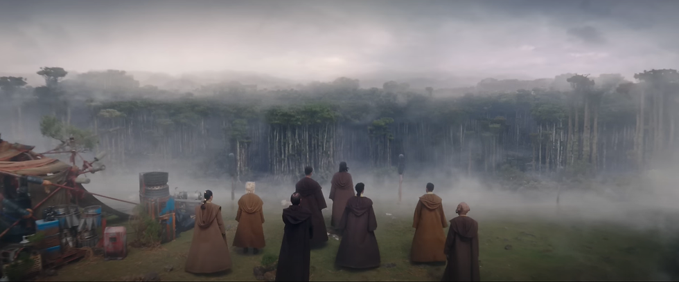 A group of Jedi, lead by Lee Jung-jae as Master Sol, stare out at a fog-shrouded forest.