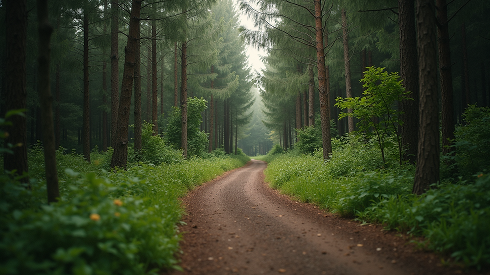 Eye-level view of a winding path through a serene forest