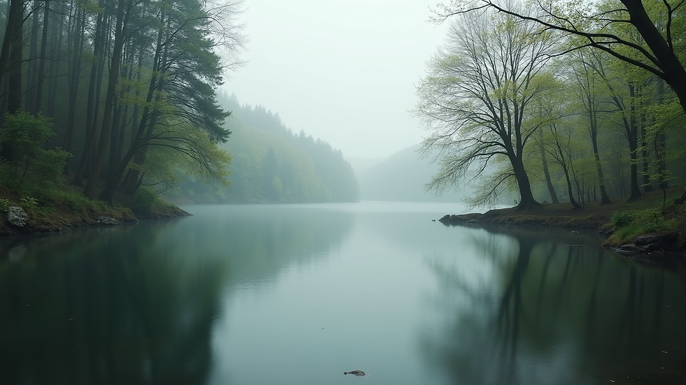 Eye-level view of a serene lake surrounded by trees