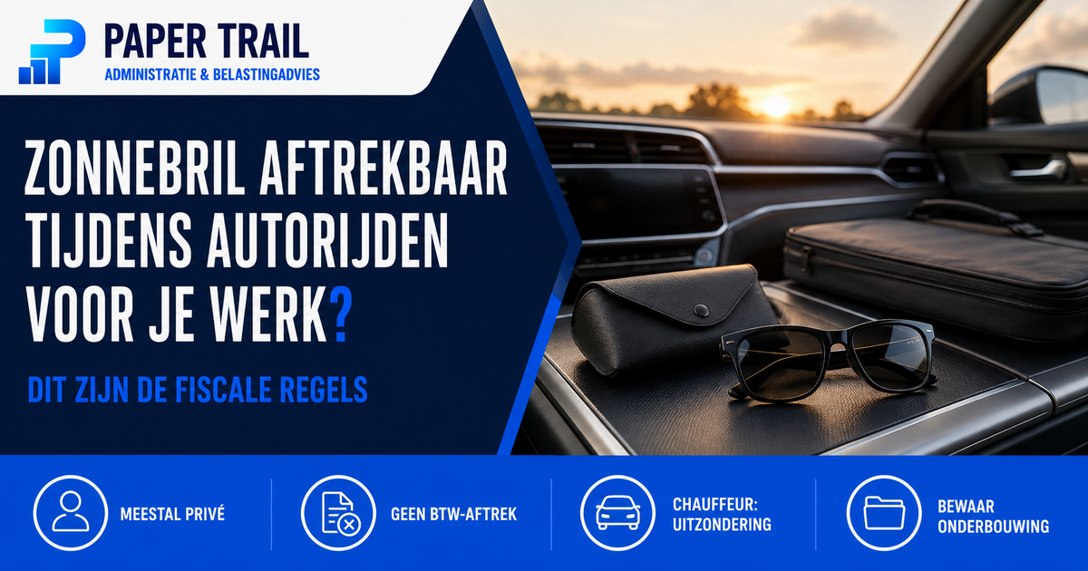 Paper Trail-infographic over de aftrekbaarheid van een zonnebril tijdens zakelijk autorijden