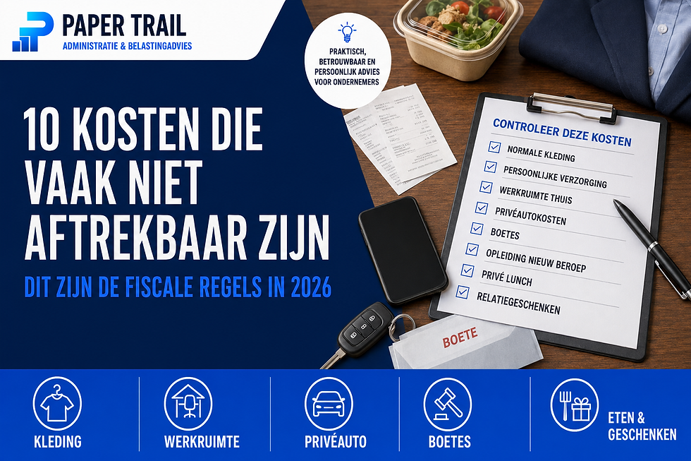 Paper Trail-infographic over 10 niet-aftrekbare kosten voor ondernemers in 2026, waaronder kleding, werkruimte thuis, privéautokosten, boetes, lunch en relatiegeschenken.