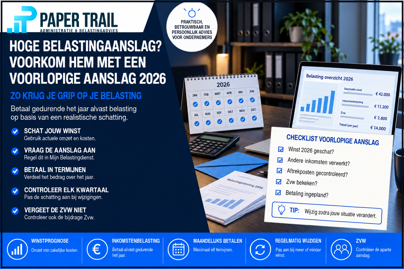 Paper Trail-infographic over de voorlopige aanslag 2026 met winstprognose, maandelijkse termijnen en controlepunten