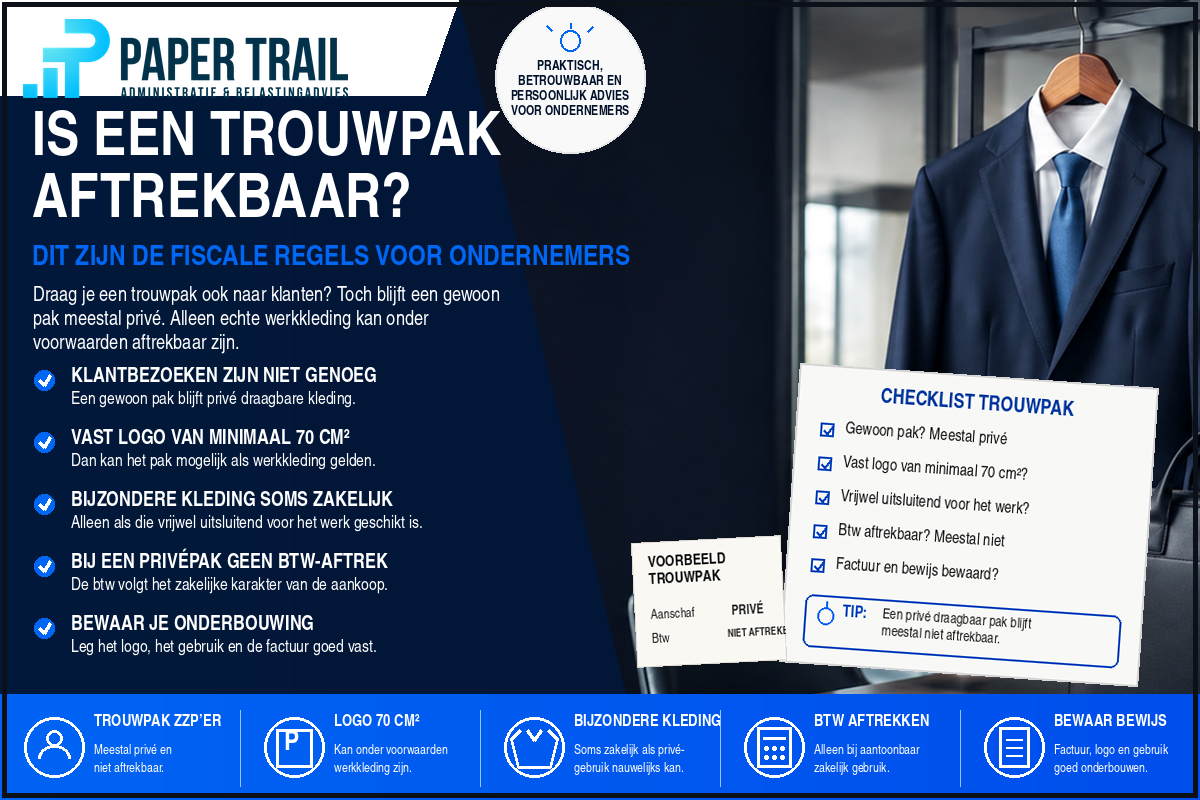 Paper Trail-infographic over de aftrekbaarheid van een trouwpak dat bij klanten wordt gedragen