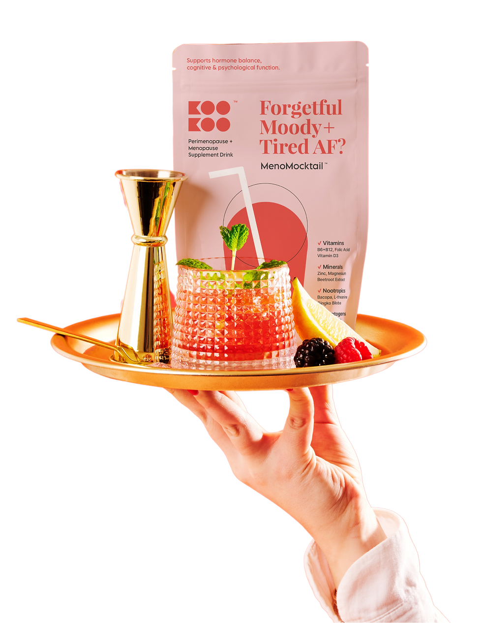 Forgetful, Moody & Tired AF? MenoMocktail pack shot on gold cocktail tray 