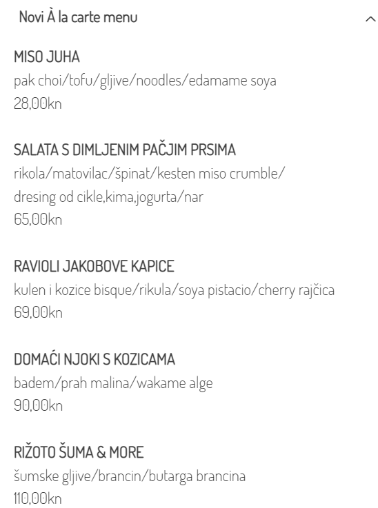 Novi À la carte menu