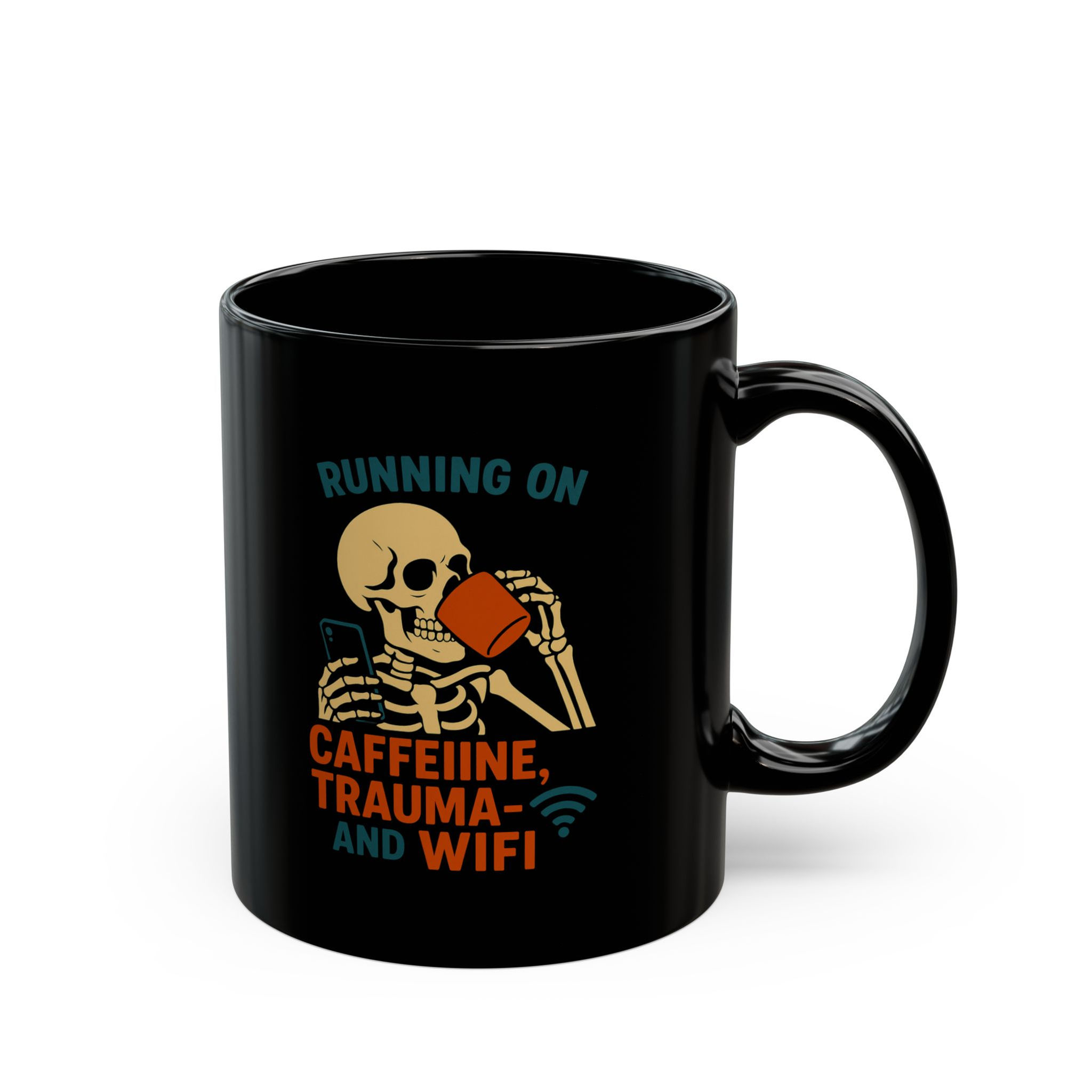 Rebel Wiring Co. Caffeine & Trauma Mug, Funny Coffee Cup, Skeleton Design