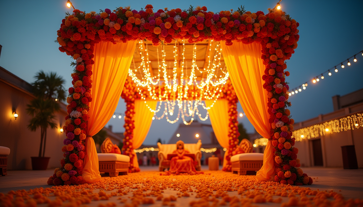 Eye-level view of a vibrant Indian wedding mandap decorated with marigold flowers and fairy lights