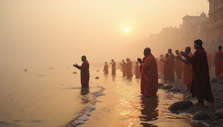 Eye-level view of the Ganges River at dawn with pilgrims performing rituals