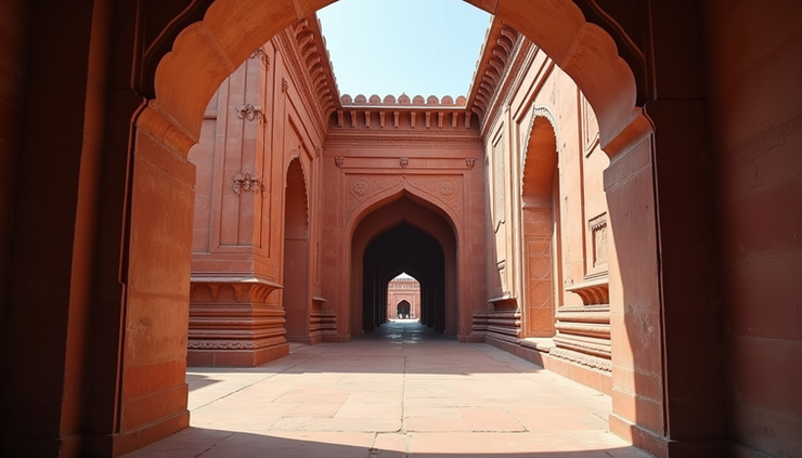 Eye-level view of the Red Fort's massive red sandstone walls and intricate carvings