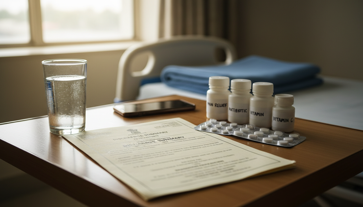 Overhead view of a recovery room bedside table with medicines and discharge papers