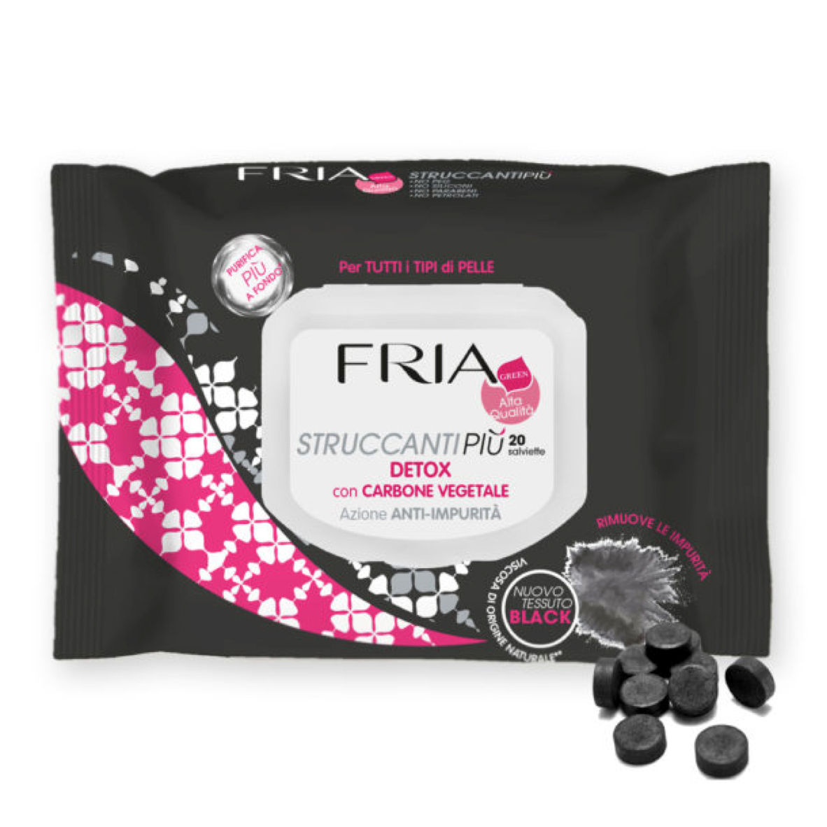 FRIA Makeup Remover Plus - Detox with Charcoal (20 wipes)