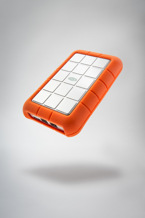 Lacie hardisk, orange. floating.