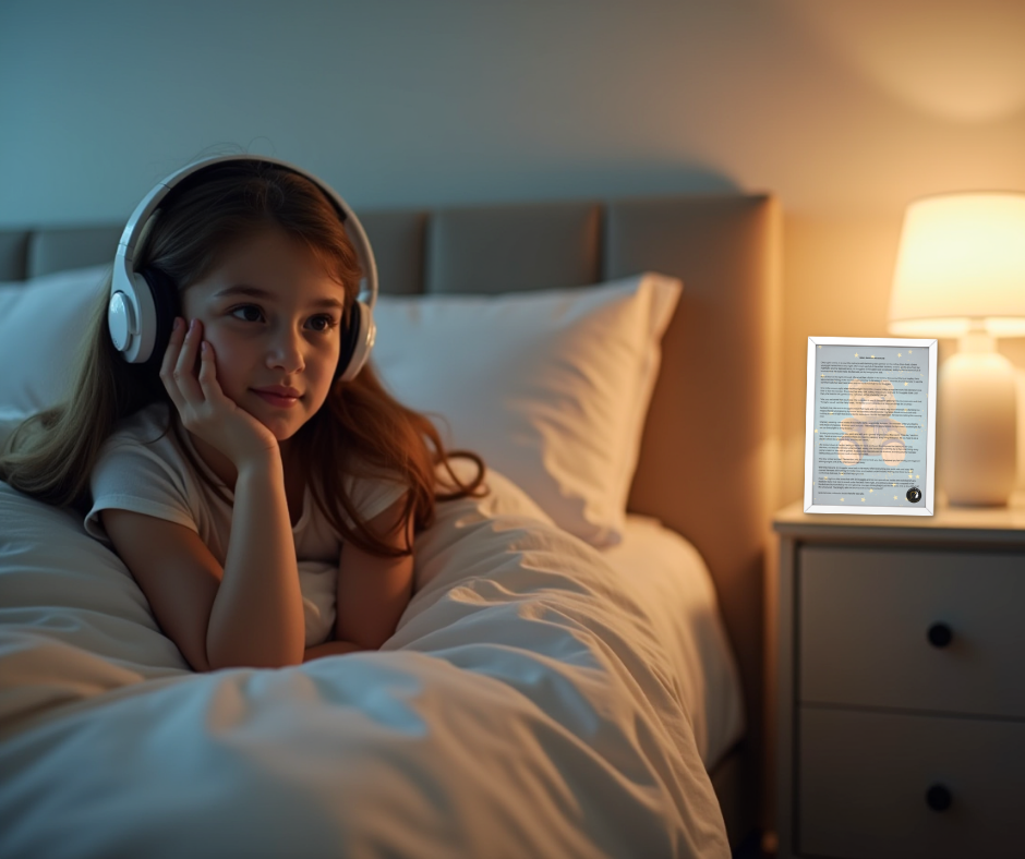 Girl with headphones lying on a bed, listening while resting her head on her hand. A lamp and framed Magic Moment Story sit on the bedside table. Cosy bedroom setting, relaxed mood.