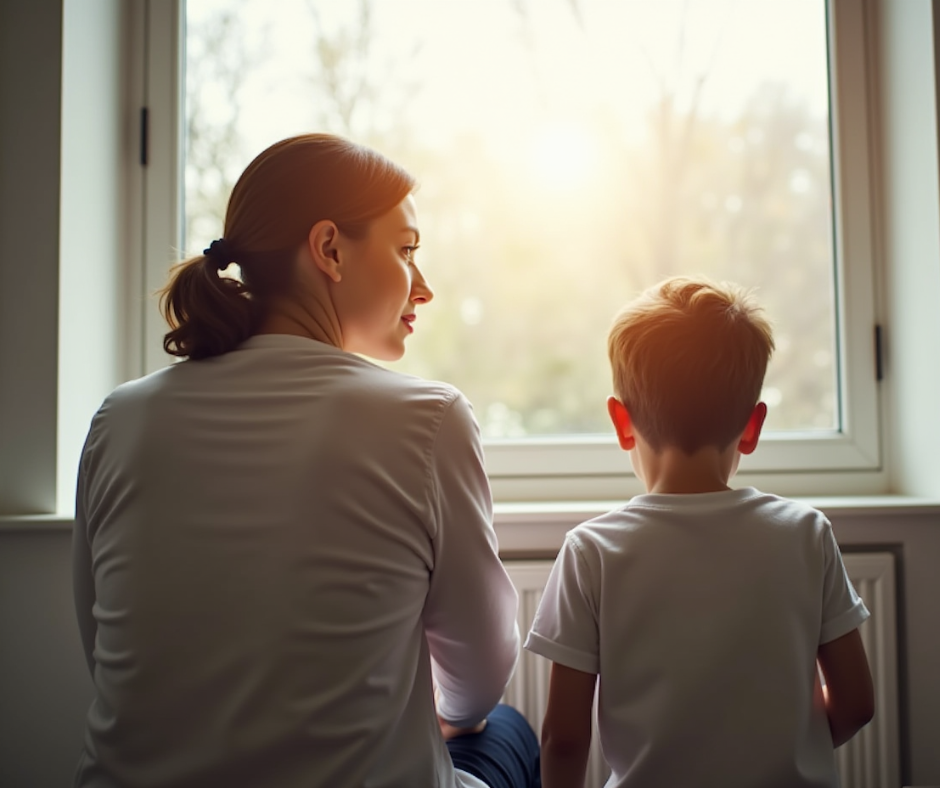 A mother and a child wearing white shirts sit side-by-side by a sunlit window, gazing outside. The light casts a warm, serene glow in the room.