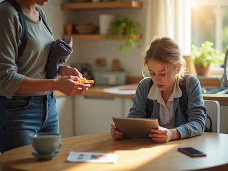 Young girl in school uniform focused on a tablet at a kitchen table. A parent offers food. Sunlight streams in, creating a cosy atmosphere.