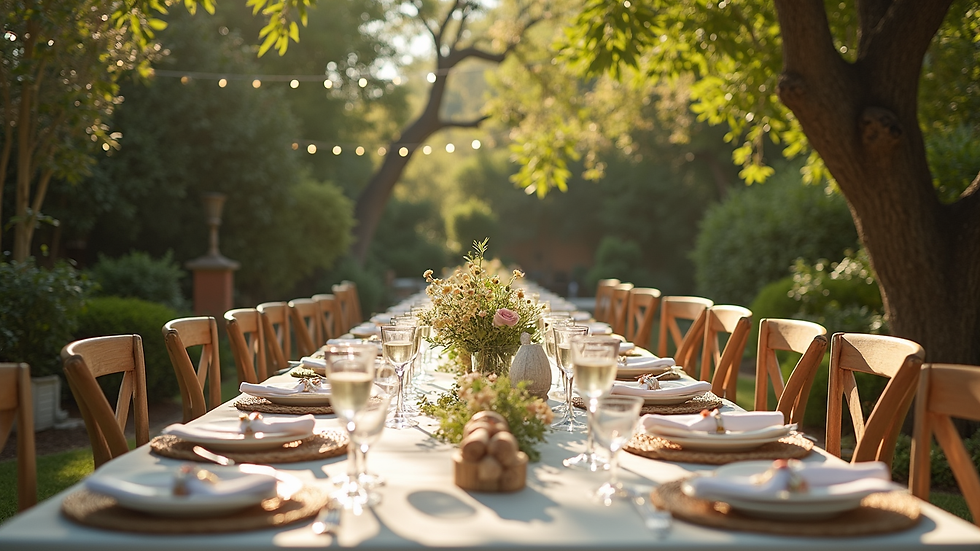 Eye-level view of a beautifully decorated outdoor garden party setup