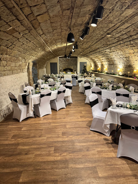 Elegant banquet tables in stone archway hall, Banquet Venue in Columbus Ohio.