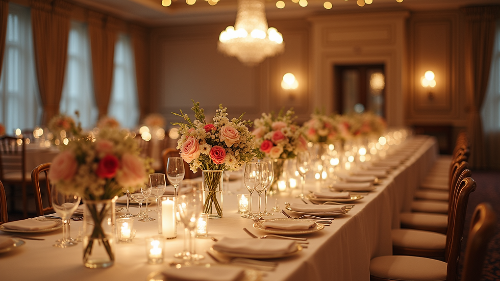 Eye-level view of elegant wedding reception setup with floral centerpieces