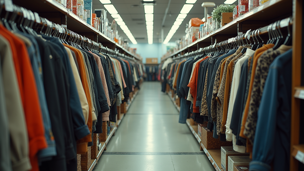Eye-level view of a thrift store aisle with neatly arranged clothing and accessories