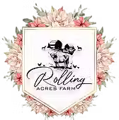 Logo of Rolling Acres Highland Farm, showcasing a stylized image of a Highland cow with large curved horns, accompanied by te