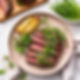 show colorful various microgreens as a garnish on a steak dish with asparagus and potato.j