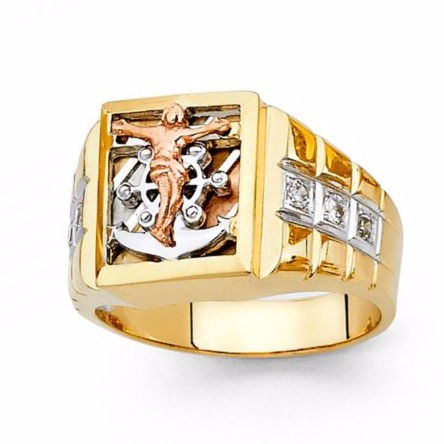 Thumbnail: 14K Tri Color Gold Crucifix Anchor CZ Ring, 10.6 Grams
