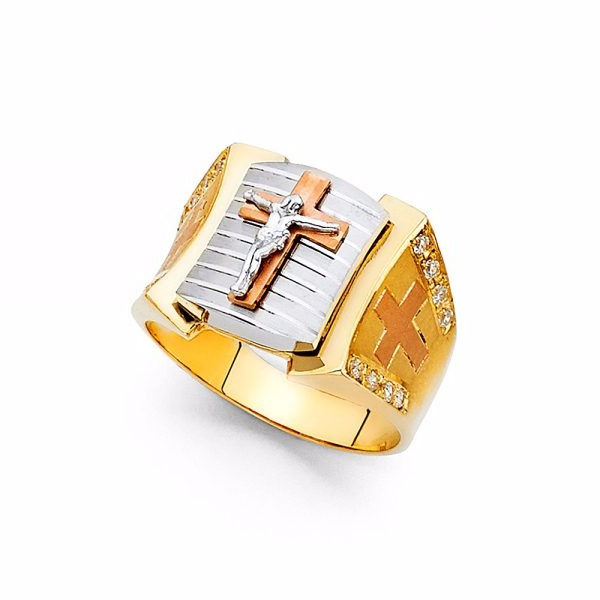 Thumbnail: 14K Yellow Gold CZ Crucifix Ring, 6.6 Grams