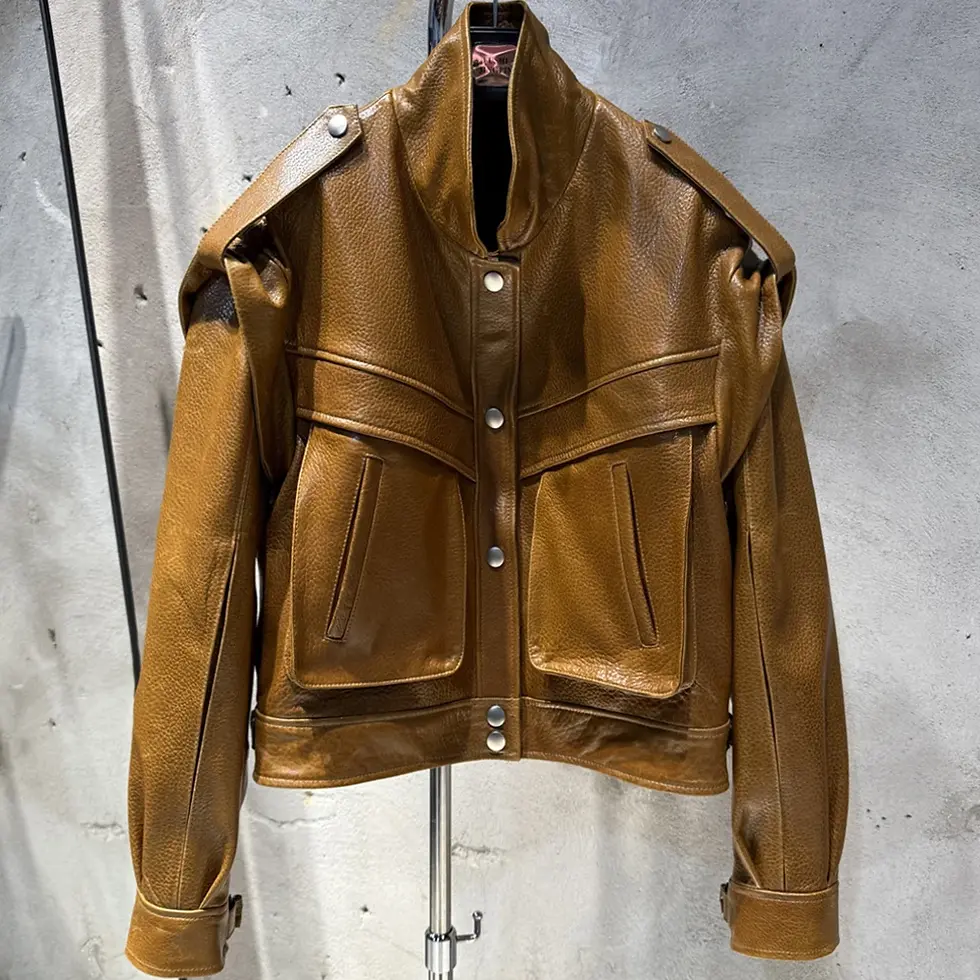 縮圖：Grained Leather Jacket Ladies Biker Leather Coat Detachable Sleeve Bomber