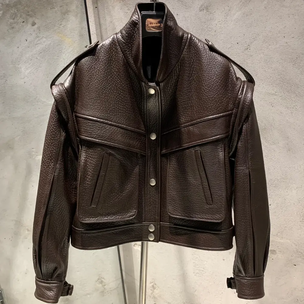 Grained Leather Jacket Ladies Biker Leather Coat Detachable Sleeve Bomber